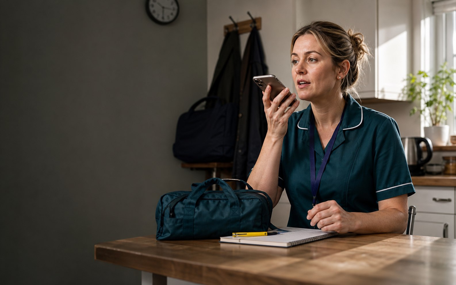 A home-care professional recording a voice note after a visit